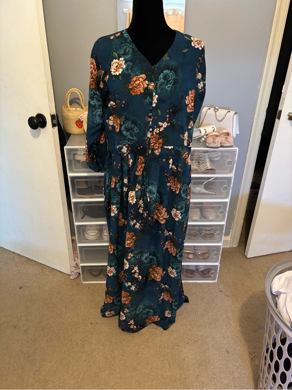 Salwar Kameez Teal Maxi Dress with Rust and Cream Floral